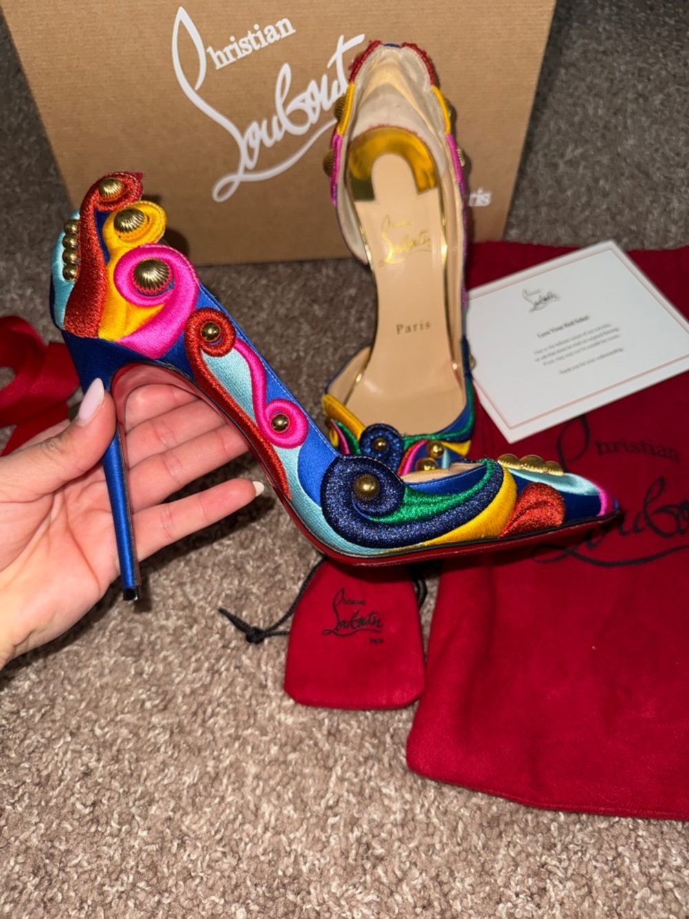 Christian Louboutin Multicolor Embroidered Pointed Toe Stiletto with Red Sole - Picture 8 of 9